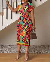 V-Neck Printed Bodycon Midi Dress for Women